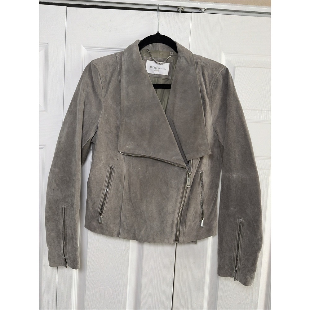 BCBGeneration Moto Jacket Womens M Gray Suede Asym Zip Ruffle Gray Edgy Fem